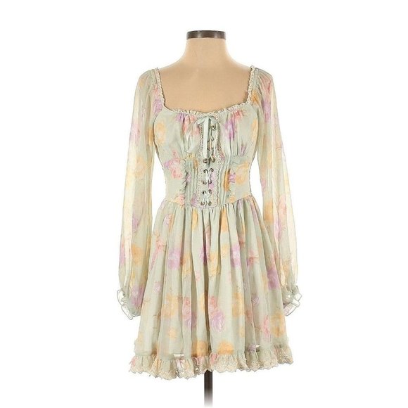 LIZ LISA Dresses & Skirts - Liz Lisa Green Floral Lace Up Sheer Mini Dress Lolita Cottagecore Kawaii Small